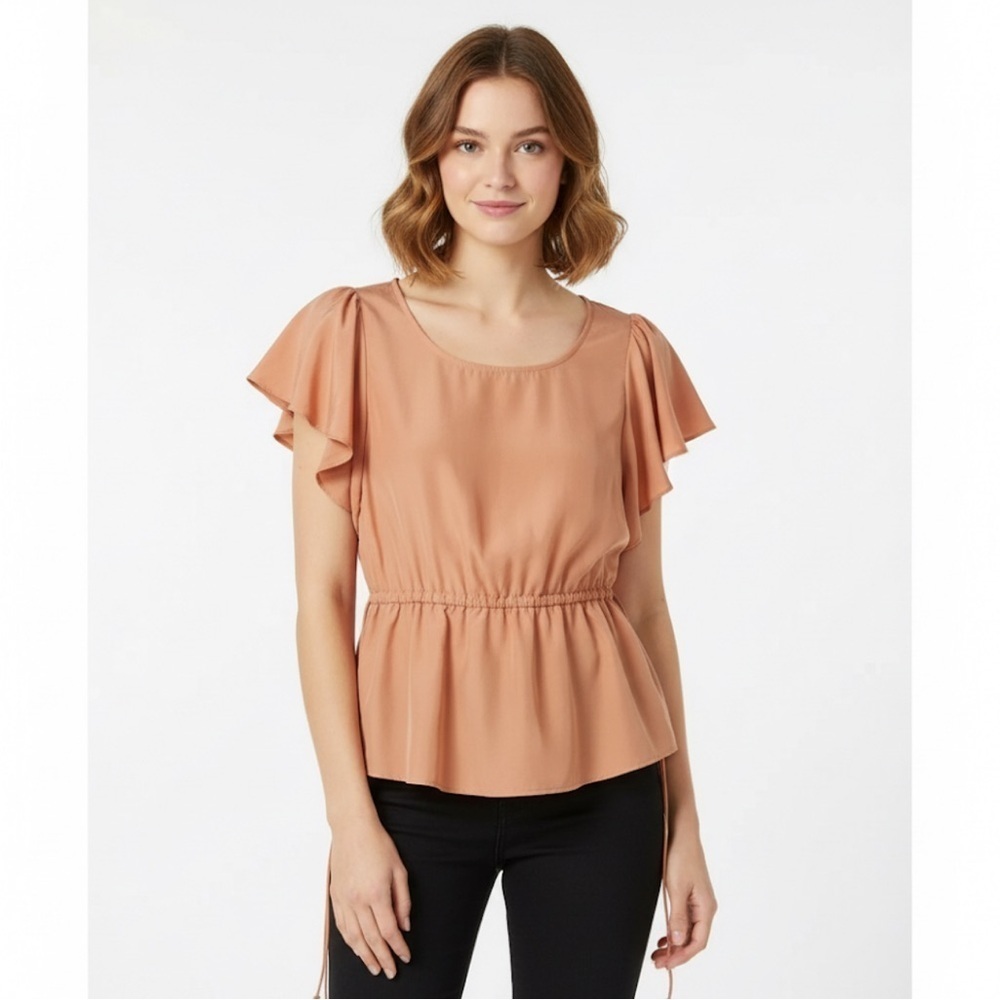 Express Pink Orange Short Sleeve Peplum Blouse Tie Side Size Small
